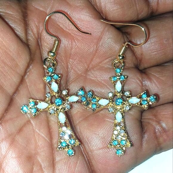 Elegant Gold and Blue Cross Earrings - Picture 2 of 6